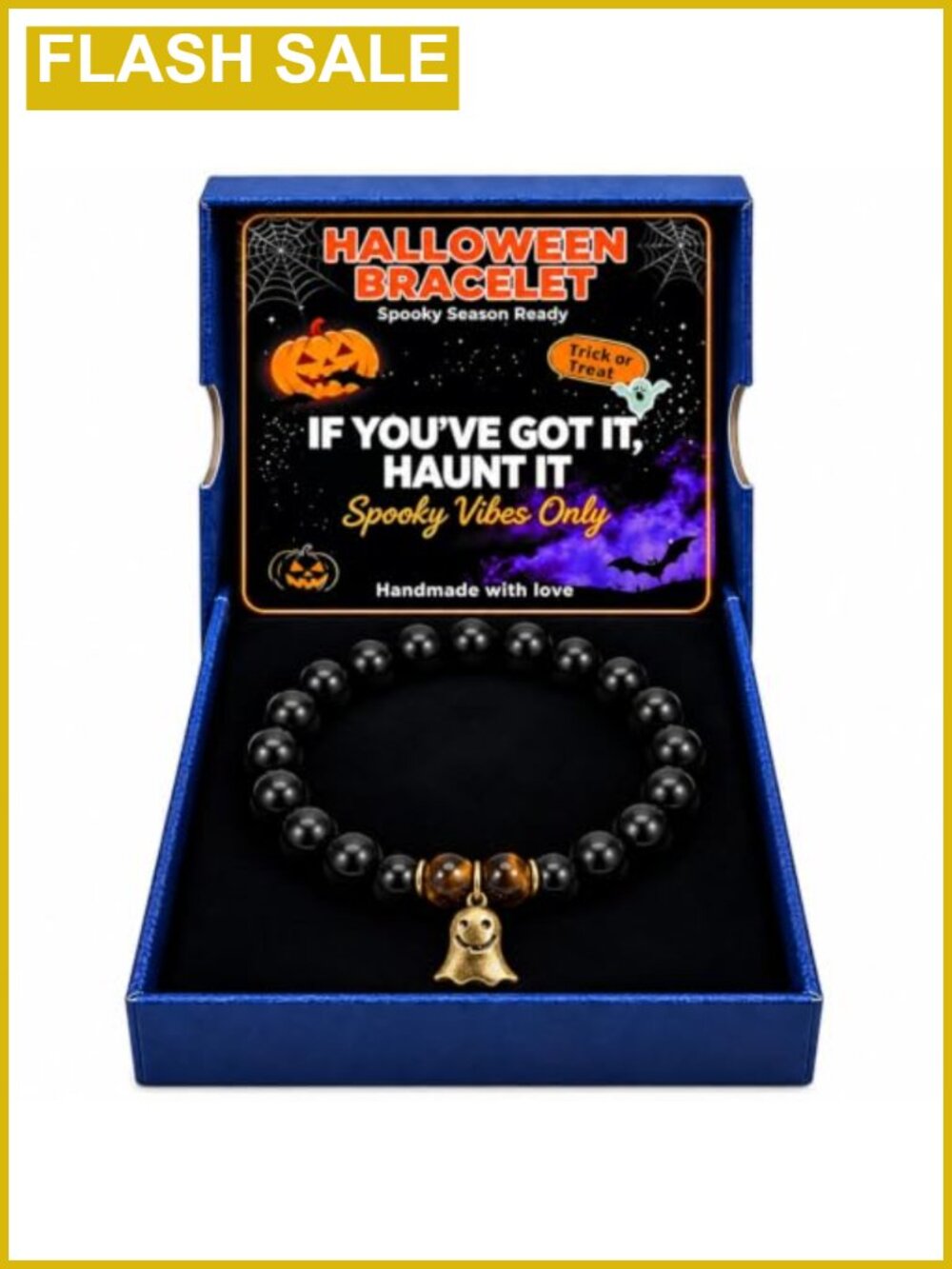 Halloween Charm Stretch Bracelet Tiger's Eye Obsidian Beads Unisex